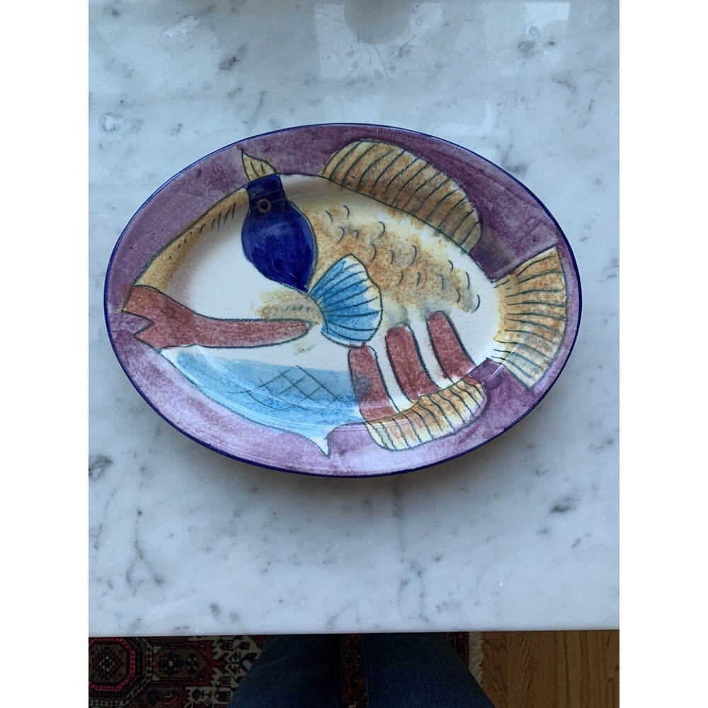 Tropical Clay Hawaii Plate Dish Platter Handpainted Fish Soft Purple Yellow 10"